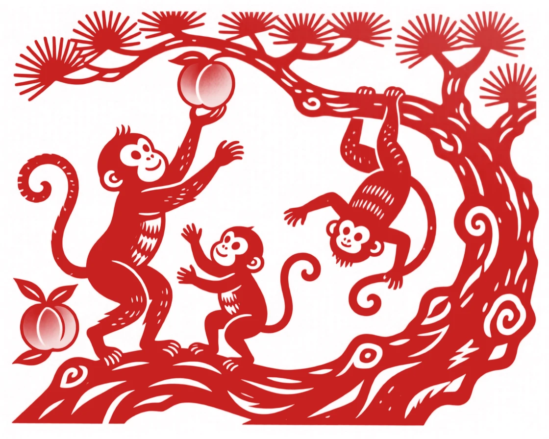 A family of monkeys playing in a gnarled pine tree, one reaching for a peach, another hanging by its tail