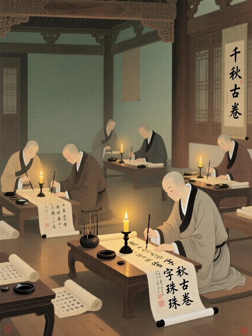 A group of monks copying ancient scrolls by candlelight in a quiet hall