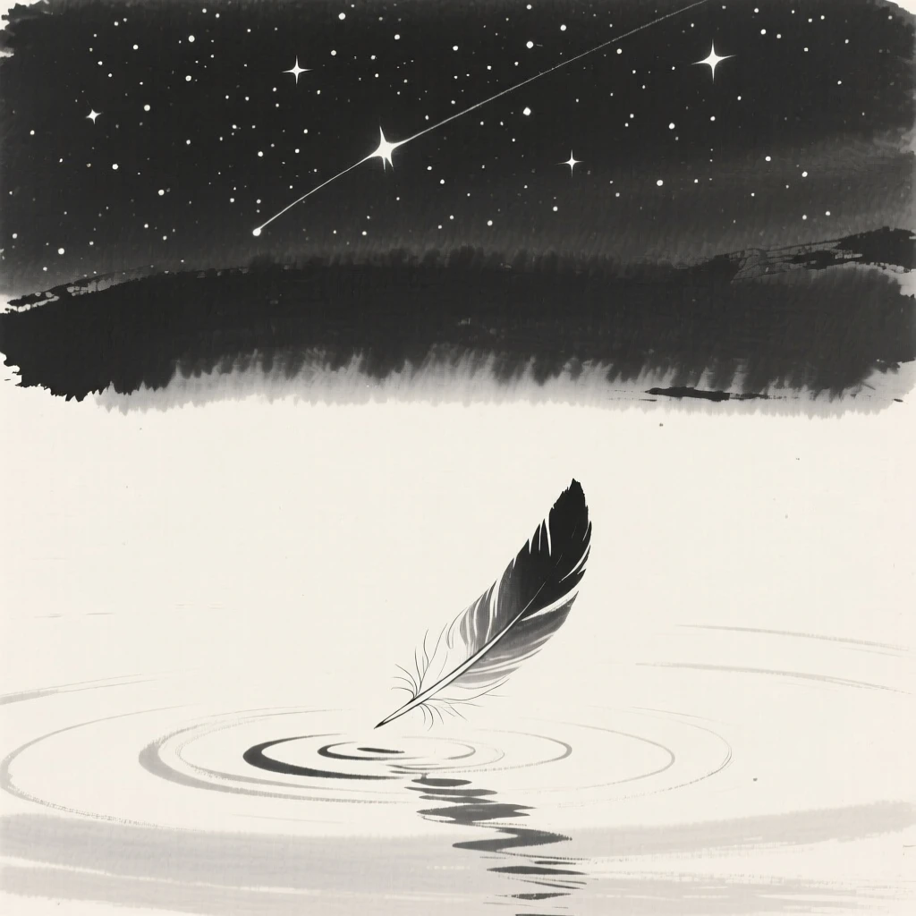 A single feather drifting down onto still water beneath a canopy of quiet stars, seen from a distance, small and still within the frame, carrying a hushed, contemplative silence.