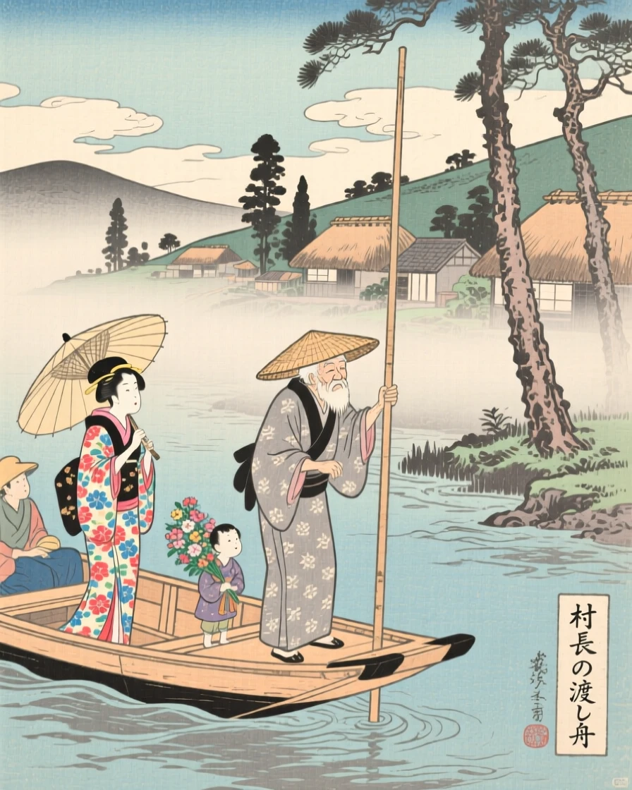 A village elder ferrying passengers across a misty river.