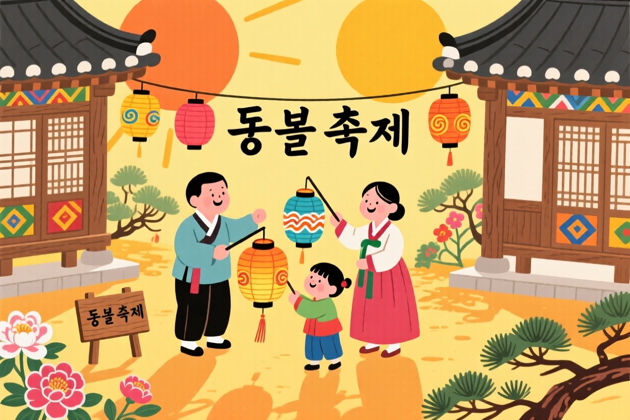 A family lighting lanterns together at a festival, in a sunlit courtyard.