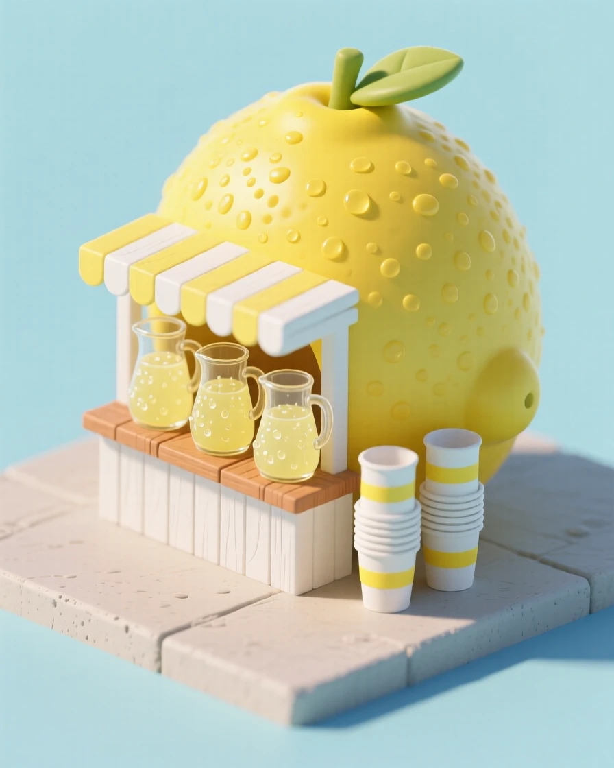 A charming lemonade stand shaped like a giant lemon, ice-cold pitchers sweating in the summer heat, and paper cups stacked neatly.