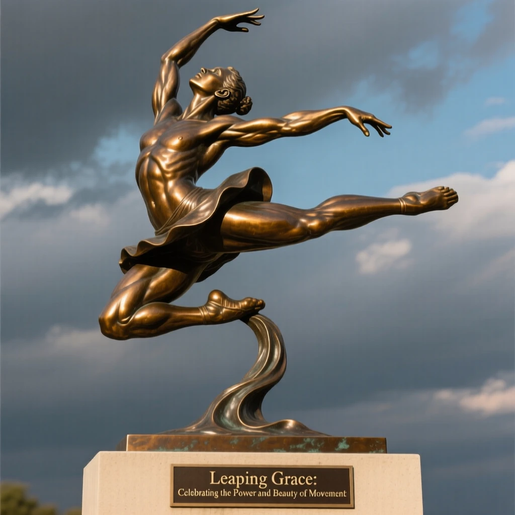 A dancer frozen mid-leap against a dramatic sky, with powerful, expressive body language, forming a strong central focal point