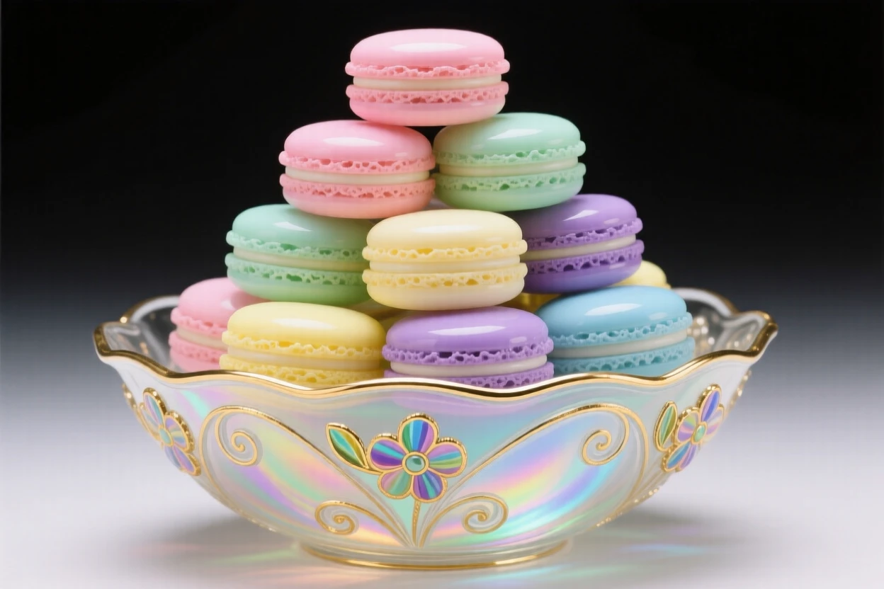 A bowl of colorful macarons stacked in a delicate pyramid, sweet and whimsical.