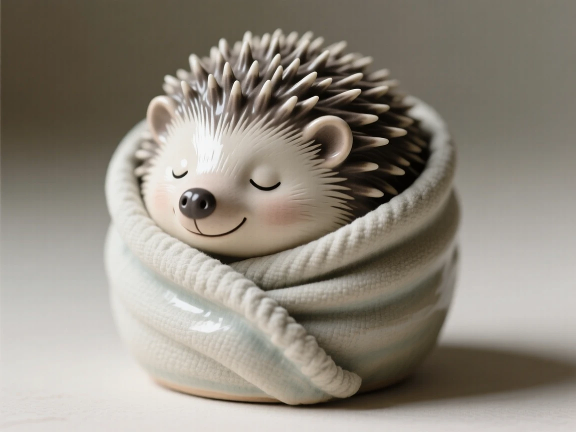 A round baby hedgehog wrapped in a tiny blanket frozen in a moment of pure innocent charm, its tiny features rendered with heartwarming charm, stirring an overwhelming urge to smile.
