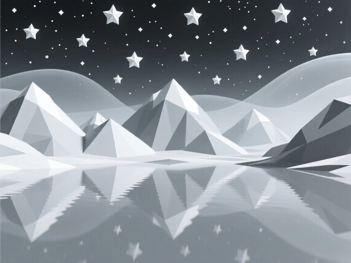 A serene lake reflecting snow-capped mountains, under a sky full of stars. fine atmospheric haze adds depth to the distance. The mood is dreamy and otherworldly.