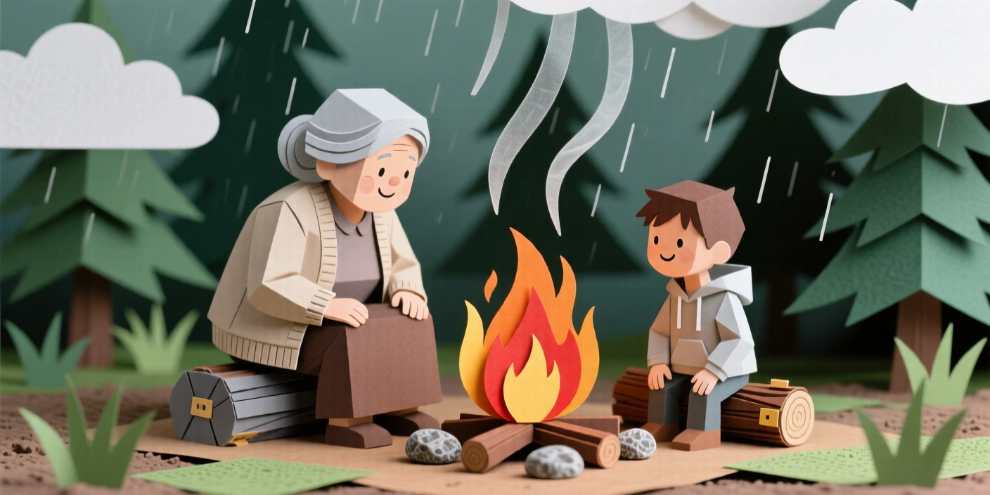 A grandmother and her grandson sharing a quiet moment by a crackling campfire, with gentle rain misting the air, capturing pure joy and togetherness.