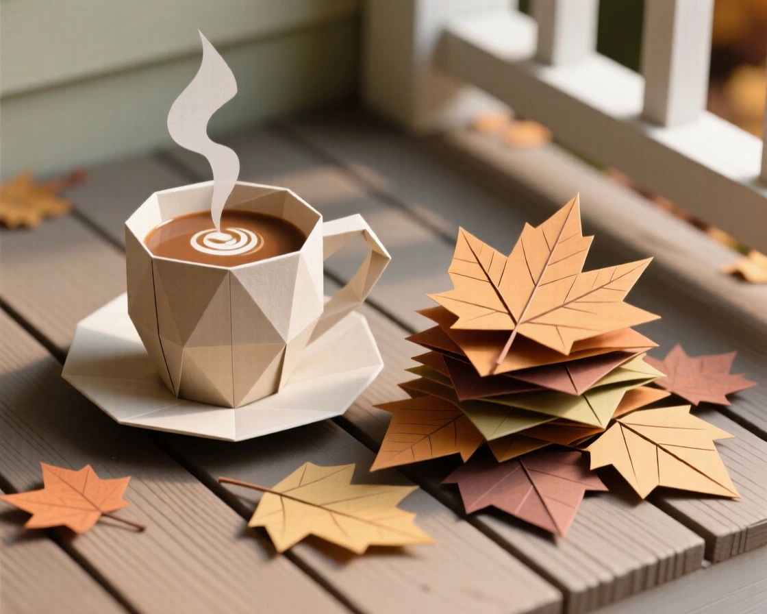 A cozy porch scene with a pumpkin spice latte and a stack of fallen leaves swept into a pile.