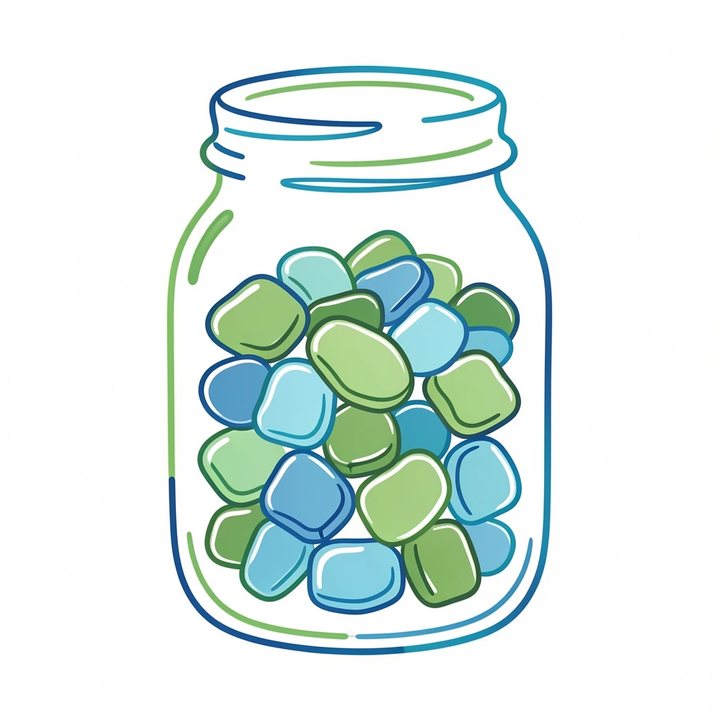A jar filled with polished sea glass in shades of green and blue.
