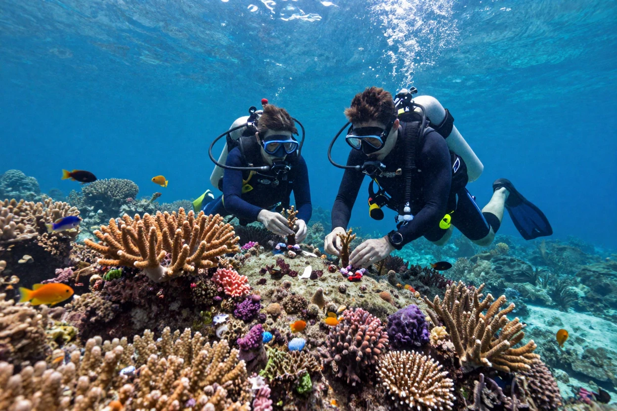 A coral reef restoration project with divers planting new coral