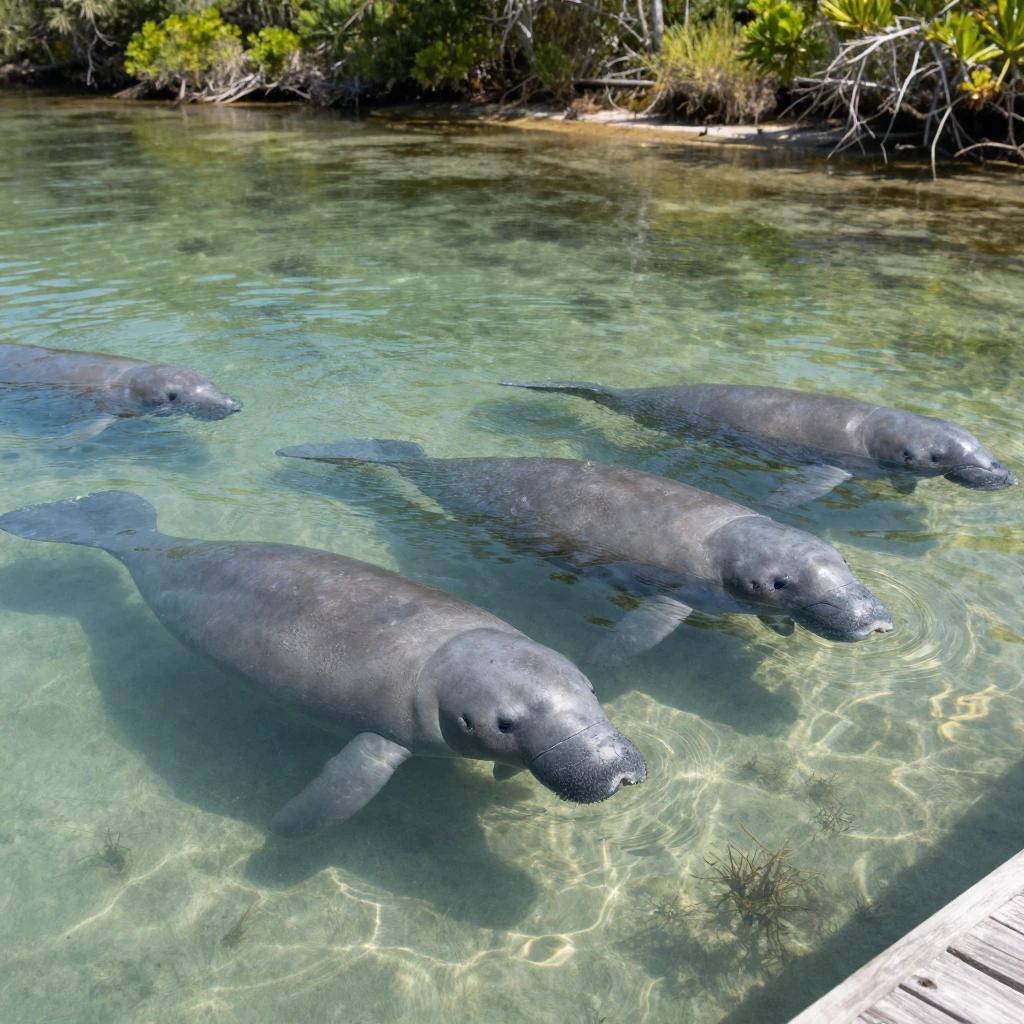 A group of manatees drifts lazily through clear shallow springs.