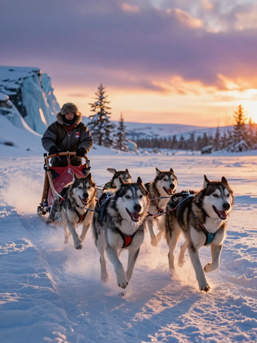 A team of sled dogs racing across a frozen Arctic landscape