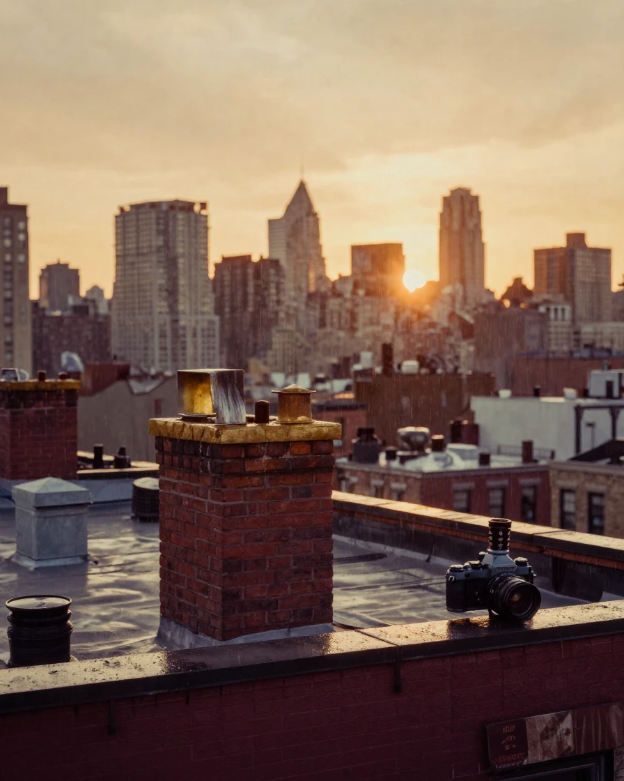 A rooftop skyline glowing amber as the sun dips below the horizon, during golden hour, under a light drizzle, in early spring, with rich burgundy and gold accents, in a tight close-up.