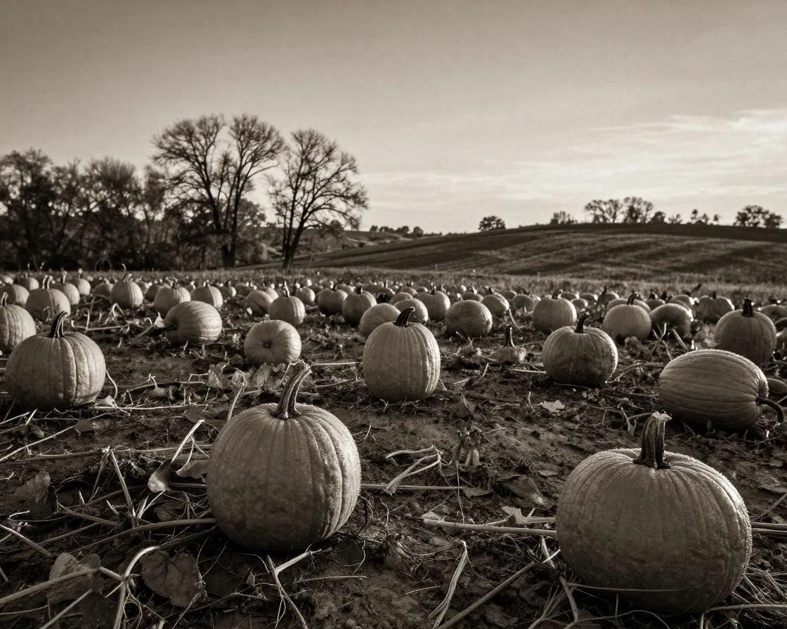 A pumpkin patch stretches across rolling autumn fields beneath a golden autumn sky.