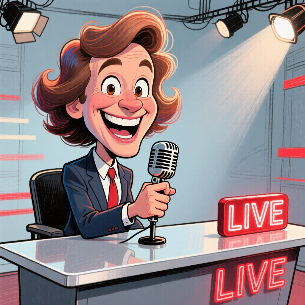 A news anchor at a desk, microphone in hand, confidently addressing the camera.
