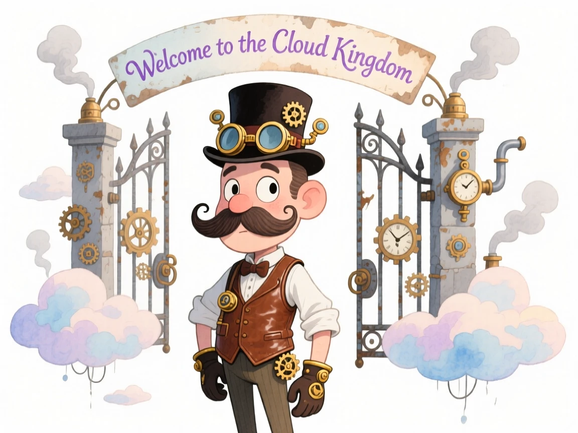 A steampunk inventor standing guard at the gates of a cloud kingdom