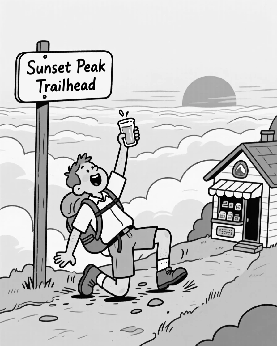 A hiker dramatically collapsing at the trailhead sign, raising a drink in a toast to the sunset, set thirty thousand feet above rolling clouds. A tiny souvenir shop peeks around the corner. The image feels like a postcard brought playfully to life.