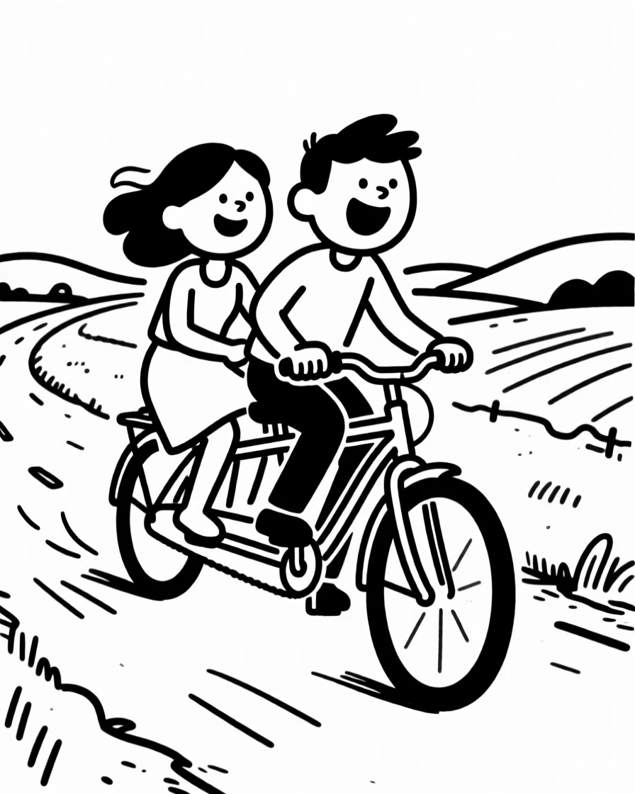 A couple riding a tandem bicycle together down a scenic countryside road.