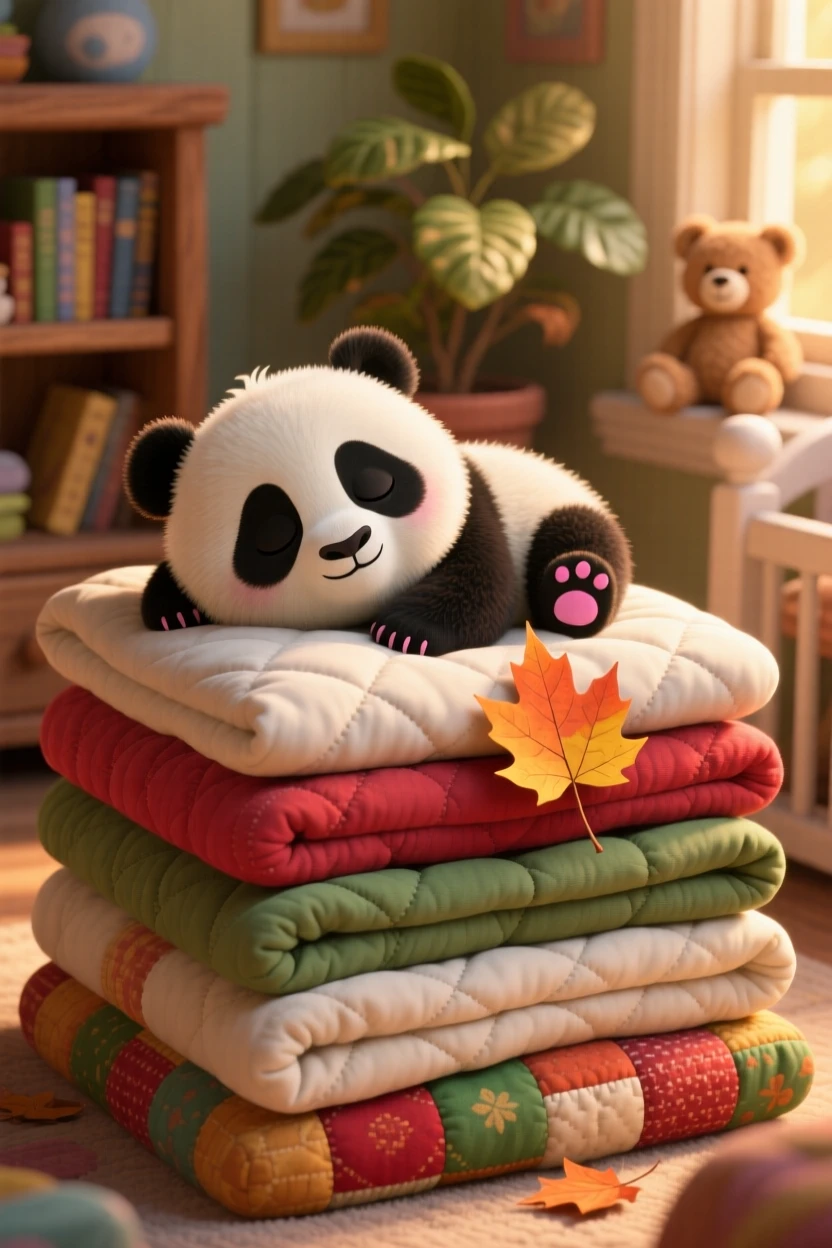 A baby panda cub is dozing on a stack of folded quilts, wiggling its ears at a sound. The mood is soft, tender, and endearing, with a single fallen leaf beside it.