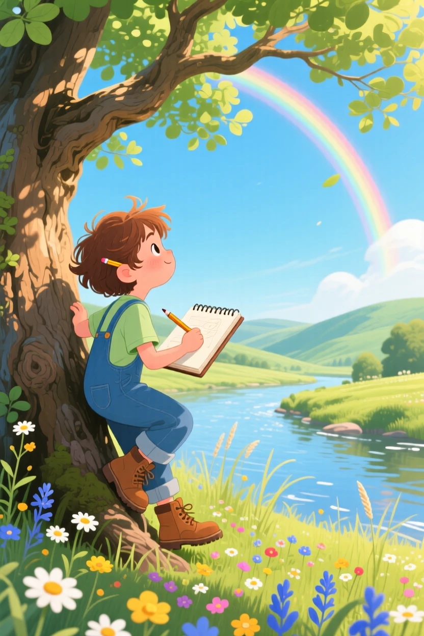 In a sunlit riverbank, a young botanist with a sketchbook is climbing an old oak tree to look at the view, while a rainbow arches faintly over the valley.