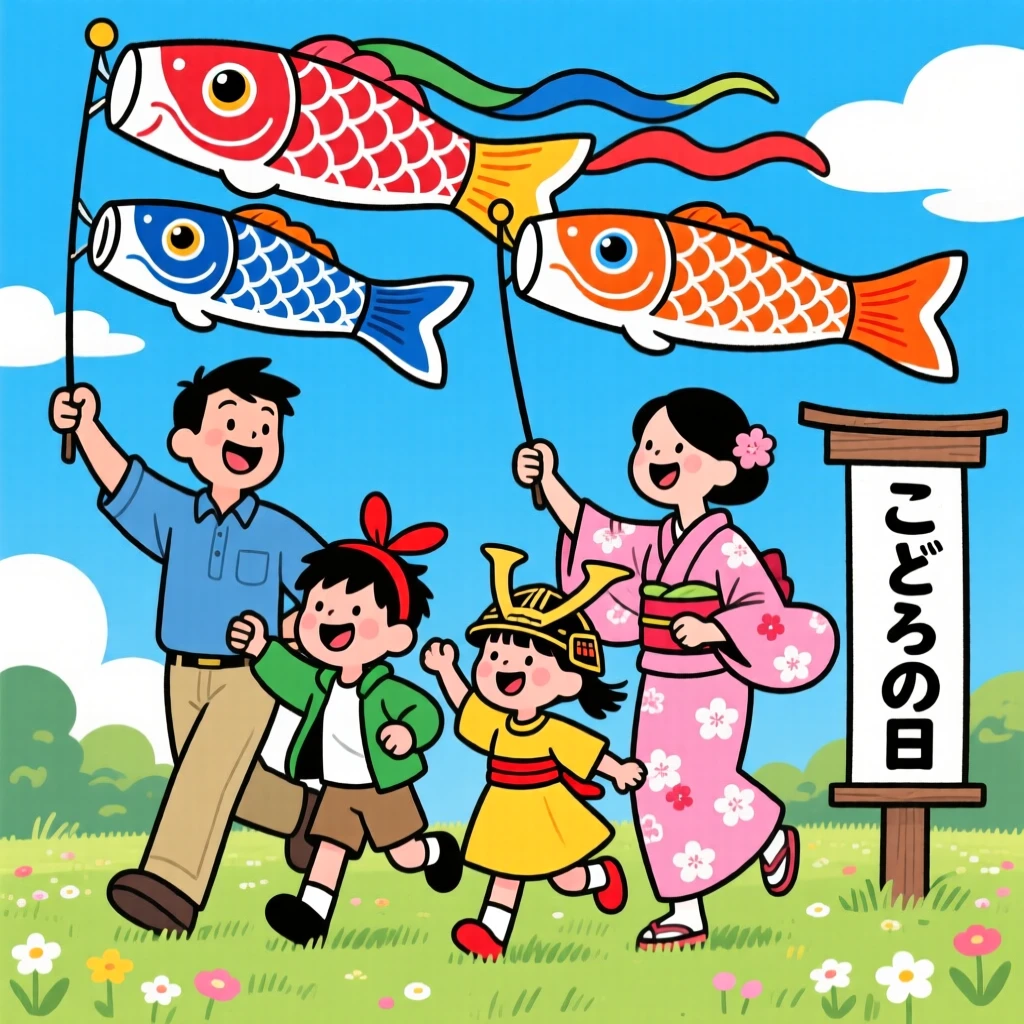 A family in Japan flying colorful koi-shaped windsocks for Children's Day.