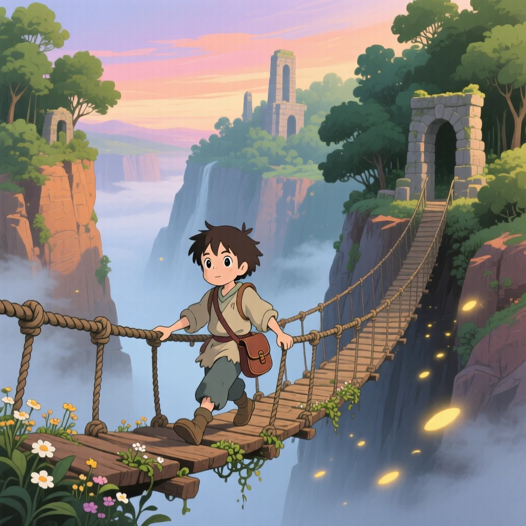 A traveler crossing a rope bridge over a misty canyon, the moment adventurous and hopeful.