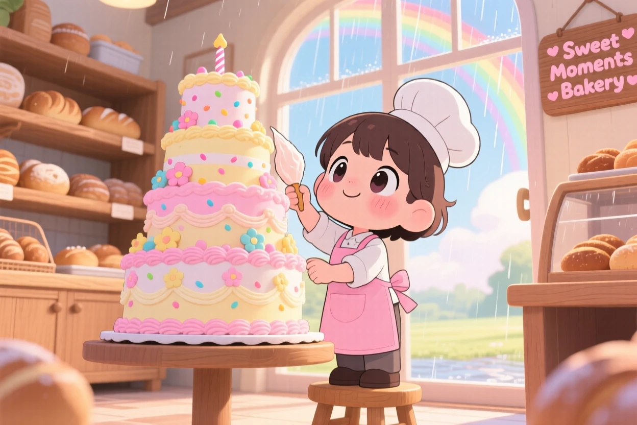 A young baker frosting a towering birthday cake in a warm sunny bakery under a rainbow after the rain; soft pastel light of dawn washes over the scene as shy bashfulness fills the moment. Low-angle shot looking up.