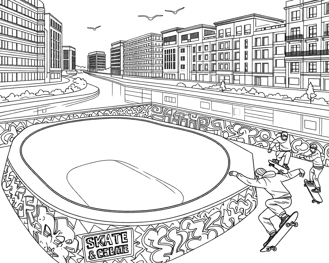A skate park bowl surrounded by graffiti-covered walls, with a river reflecting the surrounding architecture.