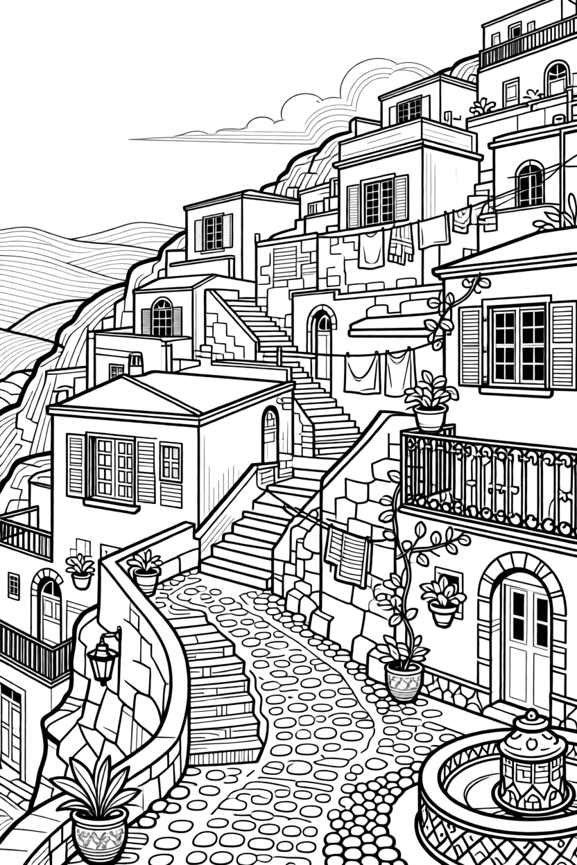 A hillside labyrinth of white houses in a Greek island village.