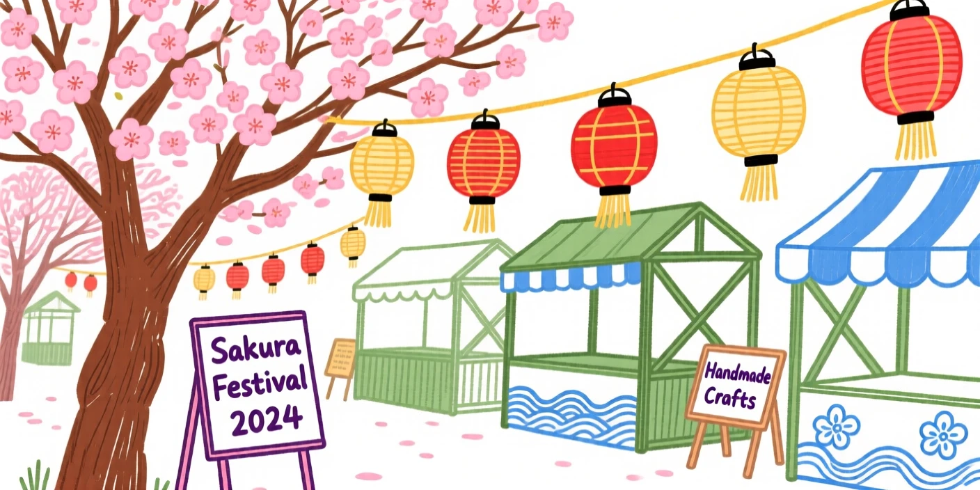 A spring cherry blossom festival with paper lanterns strung overhead.