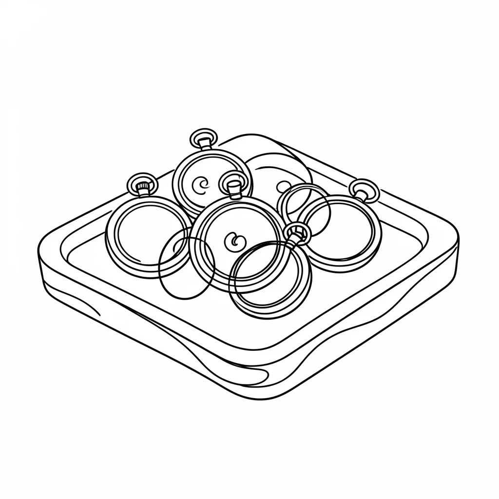 A collection of vintage pocket watches arranged on a wooden tray