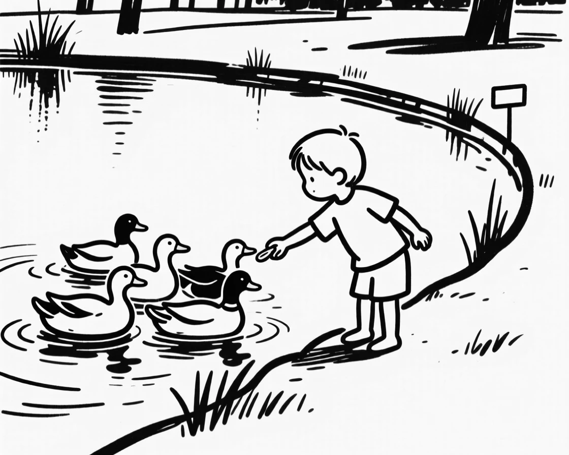 A child feeding ducks at the edge of a park pond.
