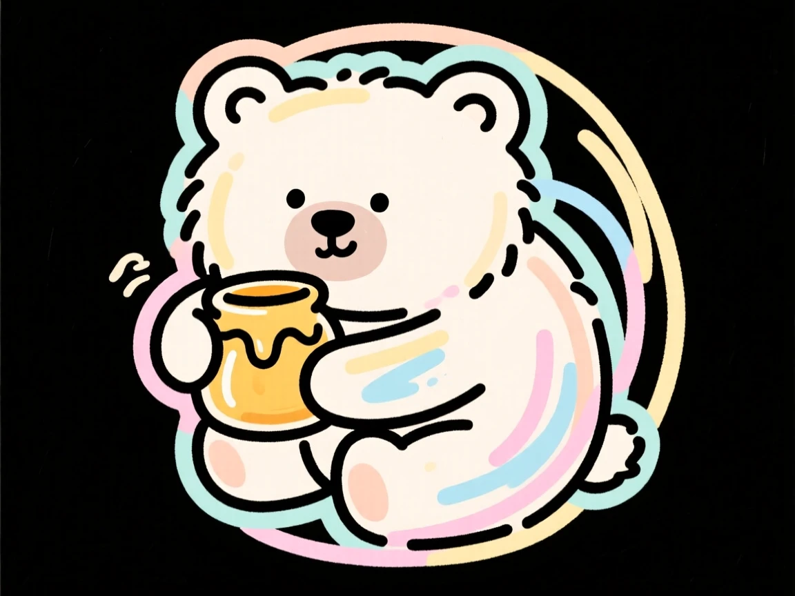 A round, fluffy cartoon bear cub hugging a small honey pot.