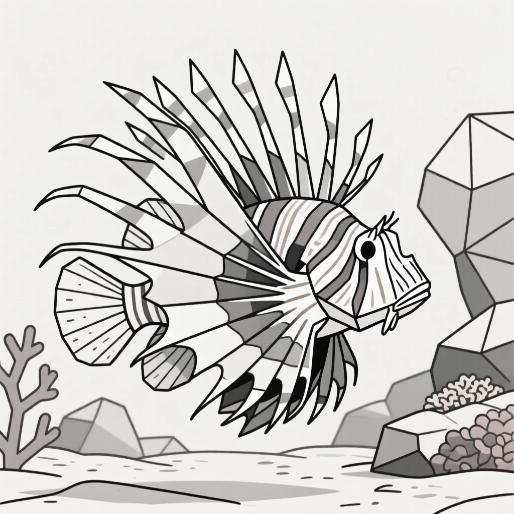A lionfish with dramatic fins near a reef