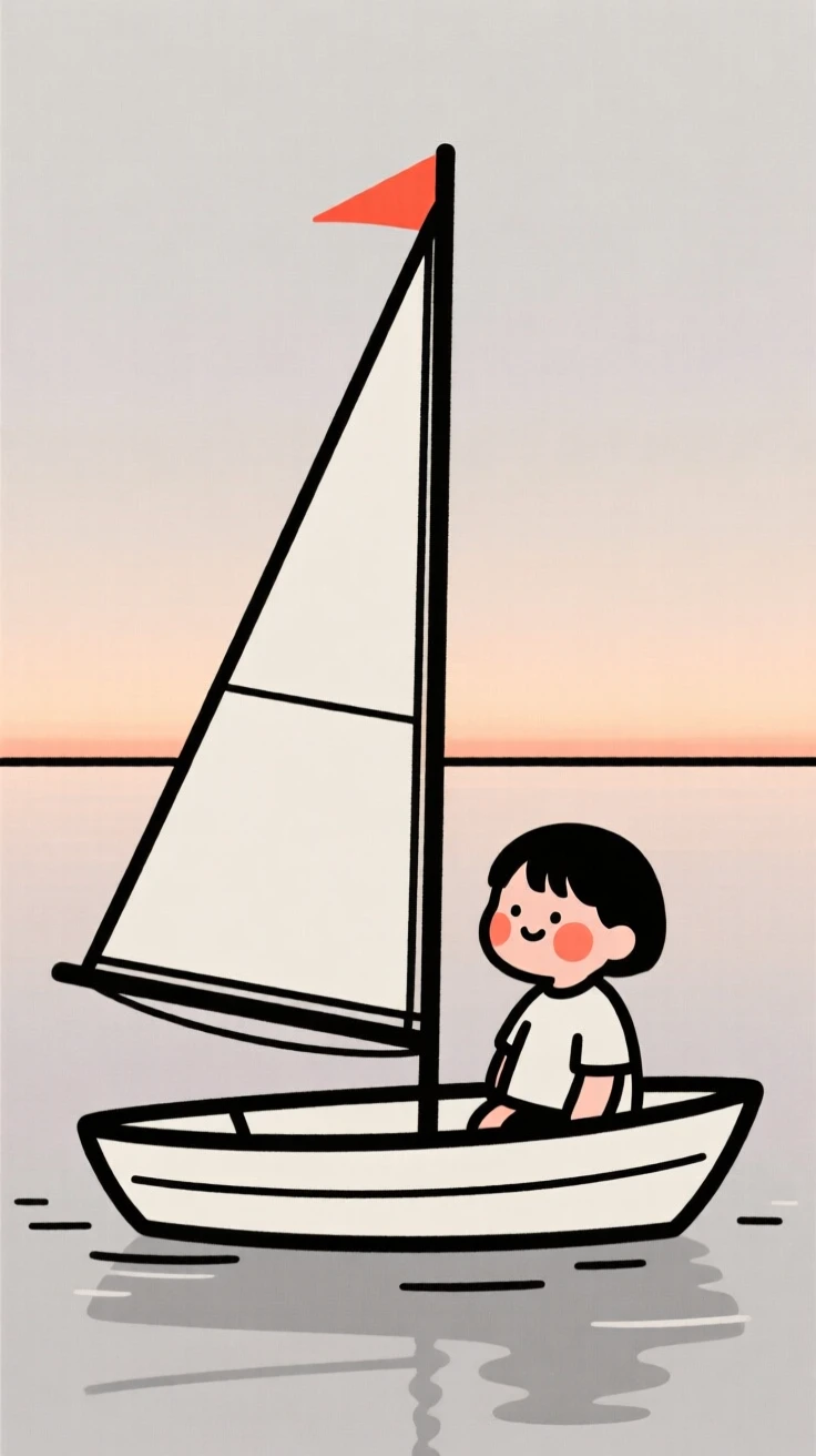 A small child sailing a small boat at dusk.