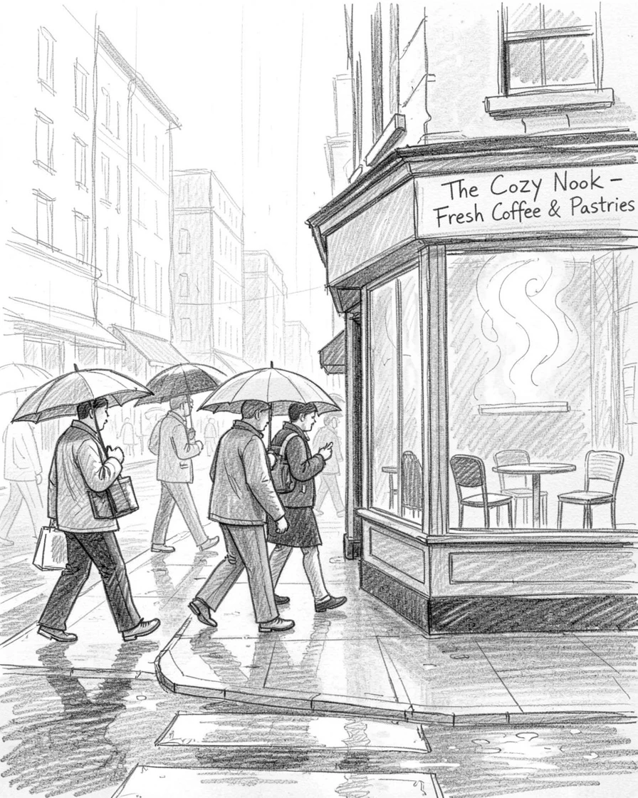 A candid slice-of-life scene of commuters crossing a busy city street in the rain in a cozy neighborhood cafe, with warm steam rising gently.