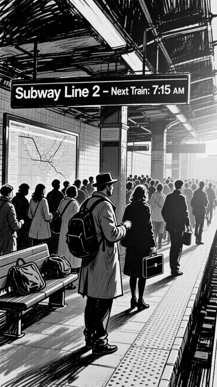 A crowded subway platform during rush hour, in the warm glow of early morning light.