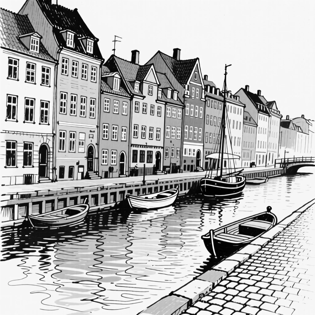 The colorful row houses of Copenhagen lining a peaceful canal.