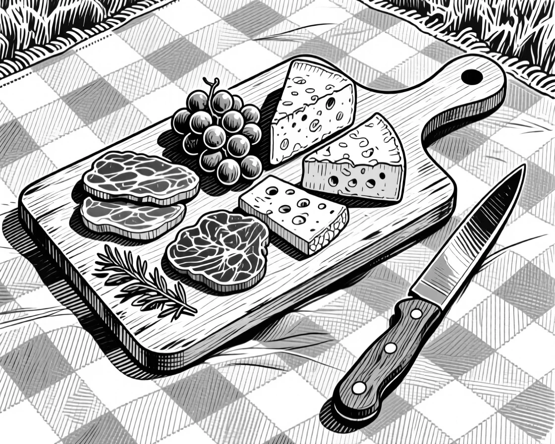 A wooden board of charcuterie resting on a checkered picnic blanket, with a knife resting beside it, presented in a fresh and vibrant culinary still life.