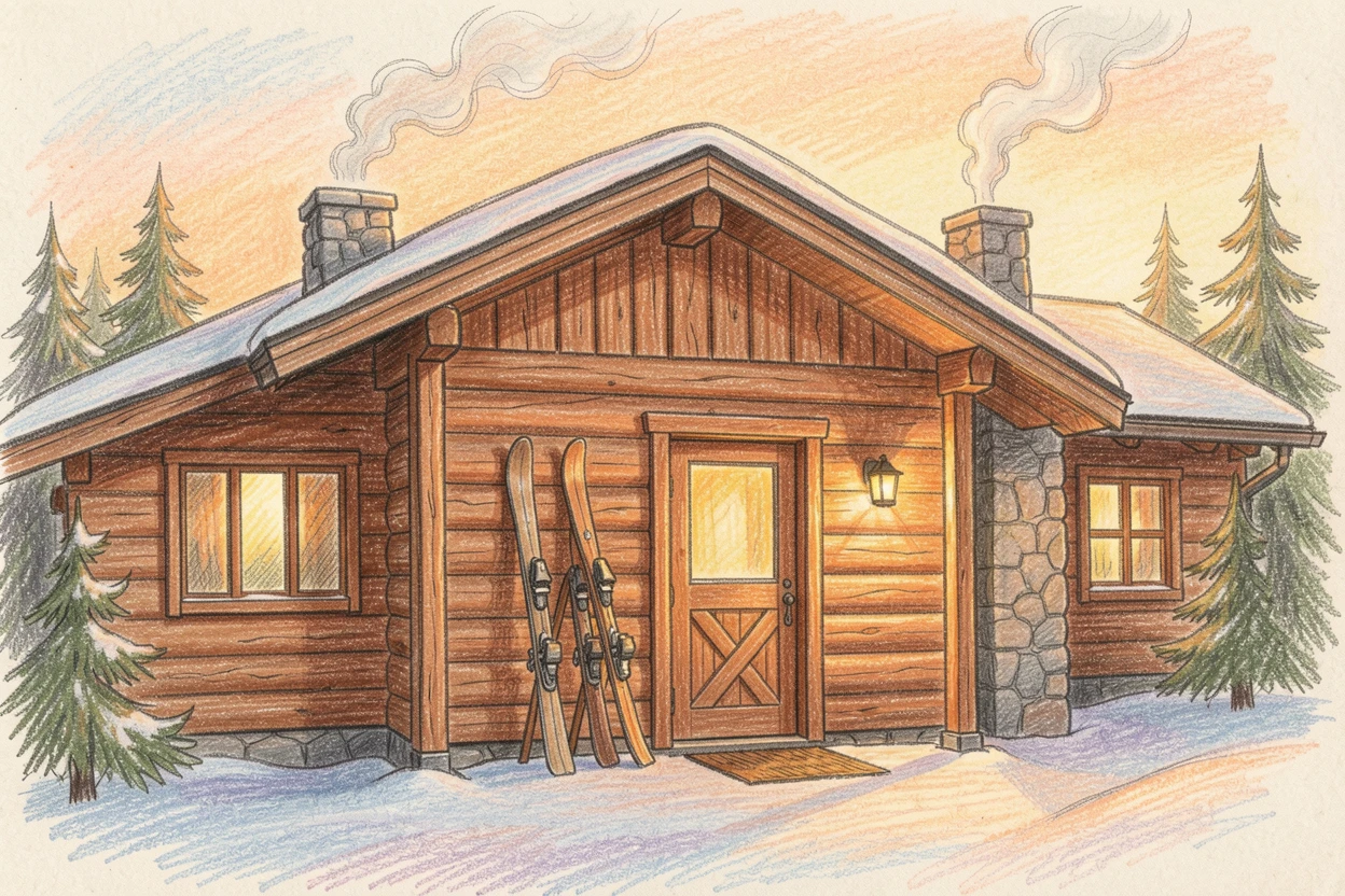 A cozy mountain ski lodge with skis propped by the door and smoke curling from the chimney, bathed in the warm glow of golden-hour light, designed to feel inviting, memorable, and shareable.