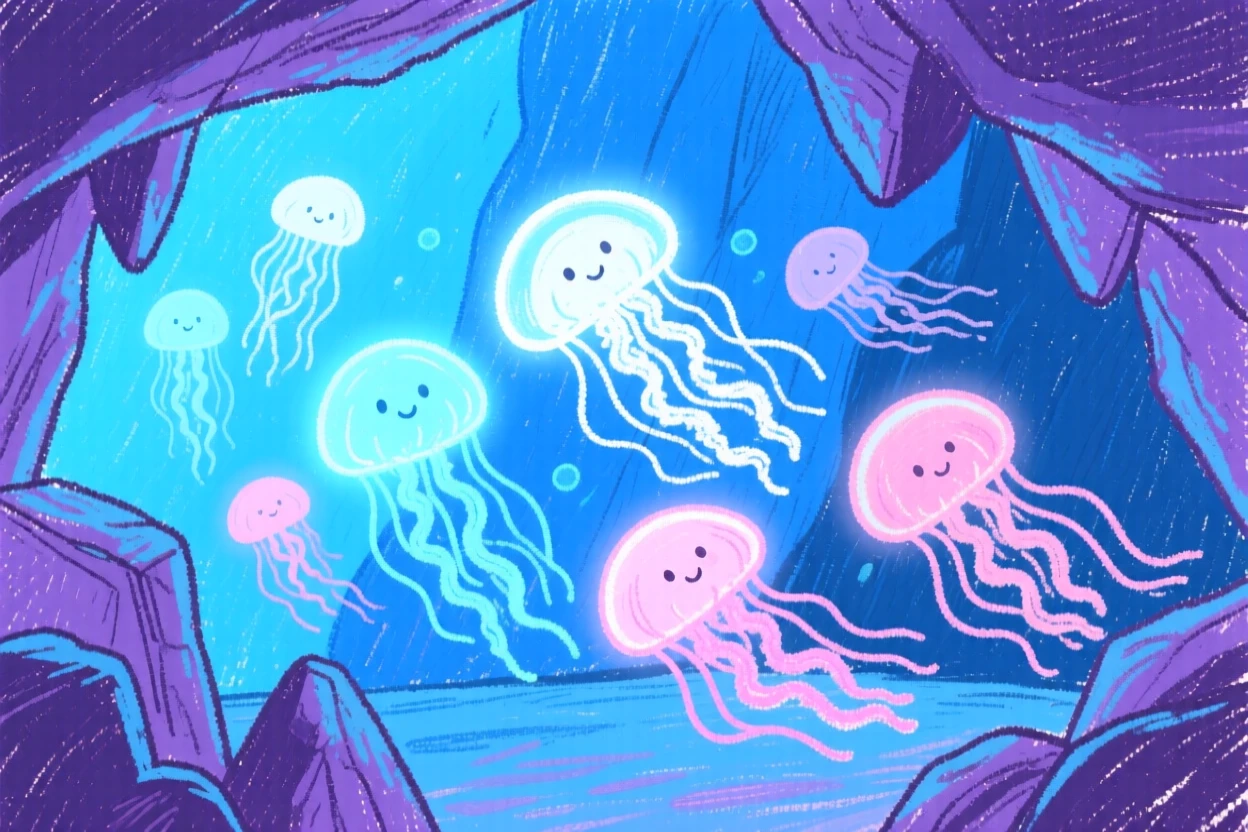 A school of glowing jellyfish moving through a cave lit by soft blue light.