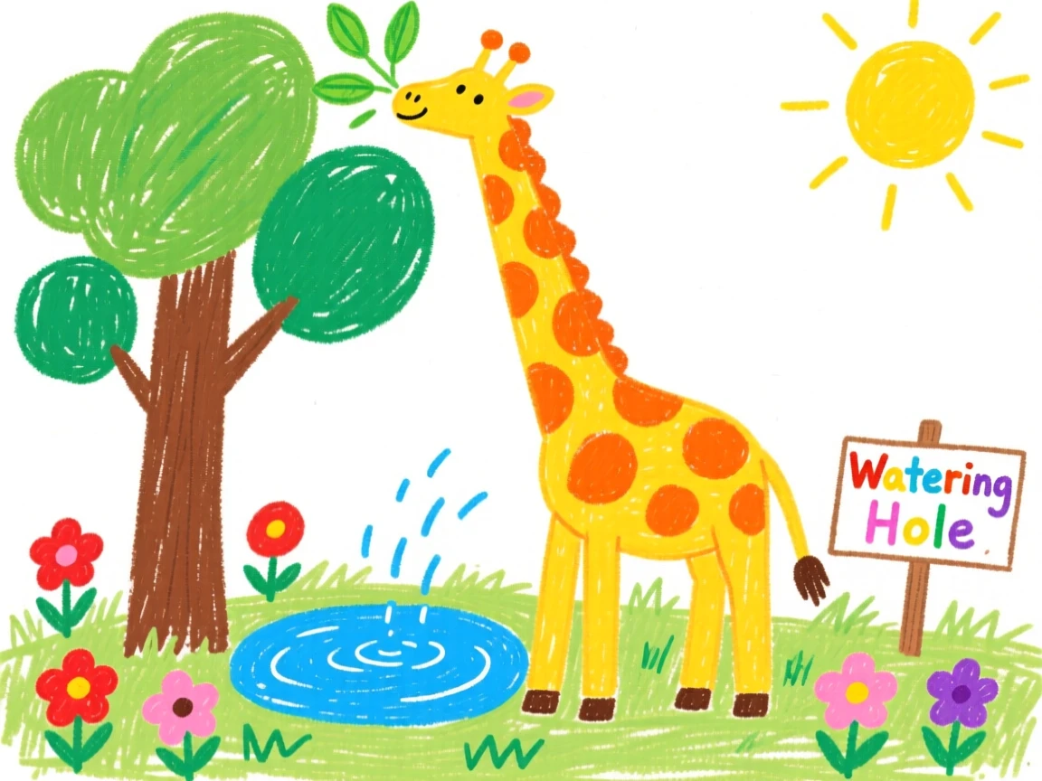 A giraffe reaching for treetop leaves beside a sparkling watering hole.
