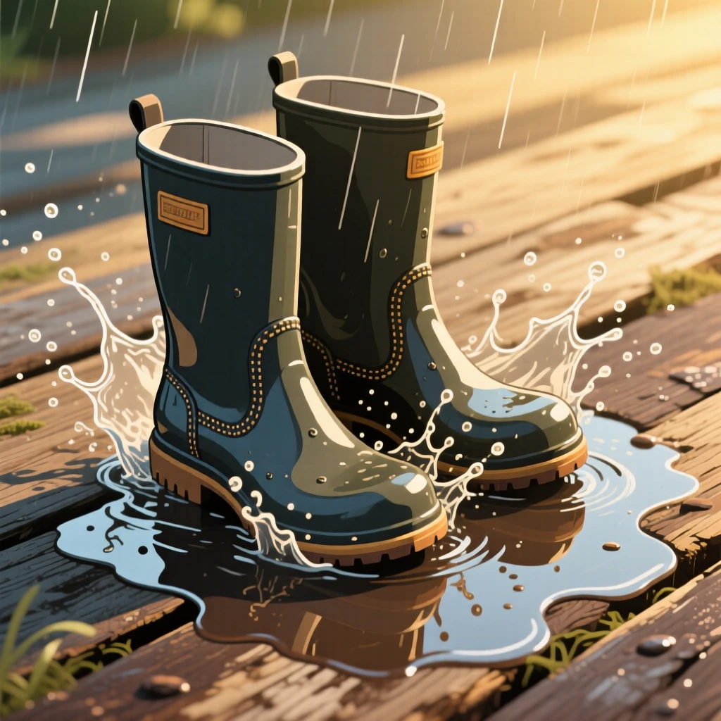 A pair of rain boots splashing through a puddle, resting on a weathered wooden surface, arranged in a carefully styled flat lay, with soft golden light highlighting fine craftsmanship.