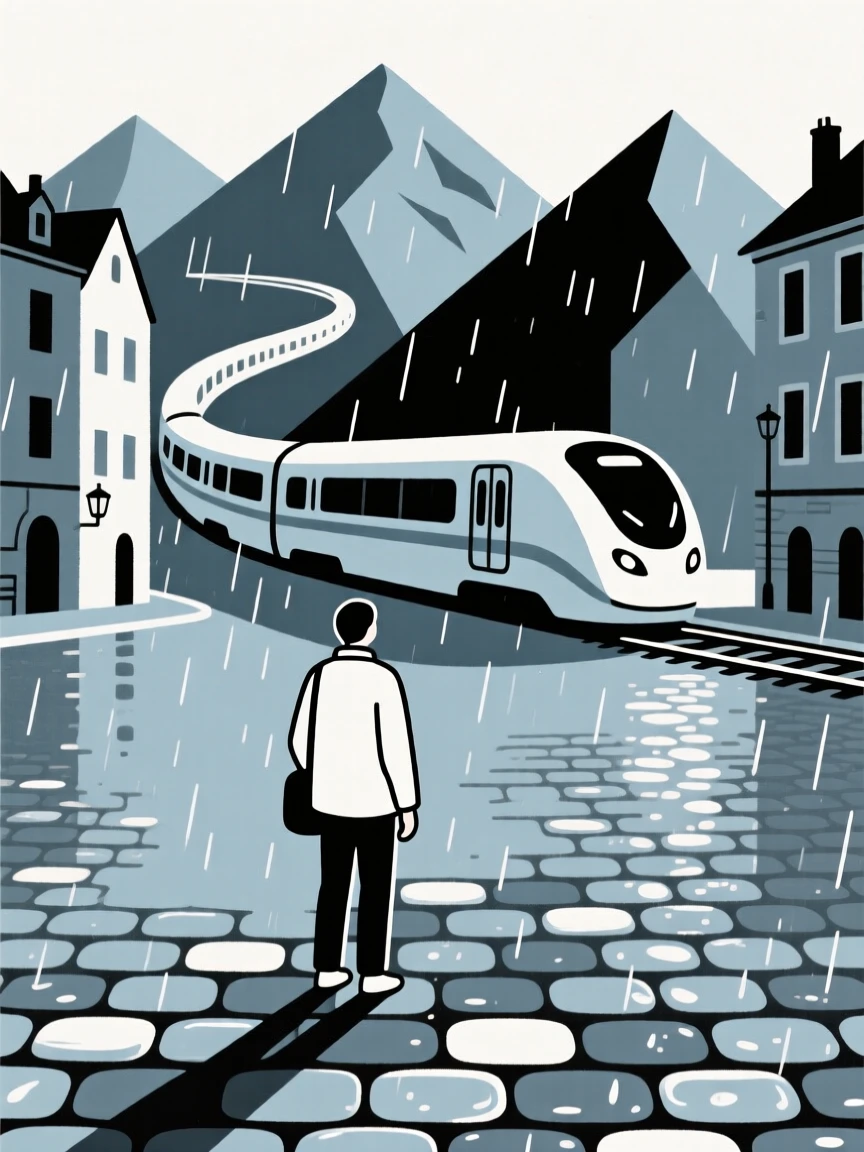 A traveler standing before a train winding through mountains in an European old town square, with cobblestone streets glistening with rain nearby, feeling adventurous excitement.