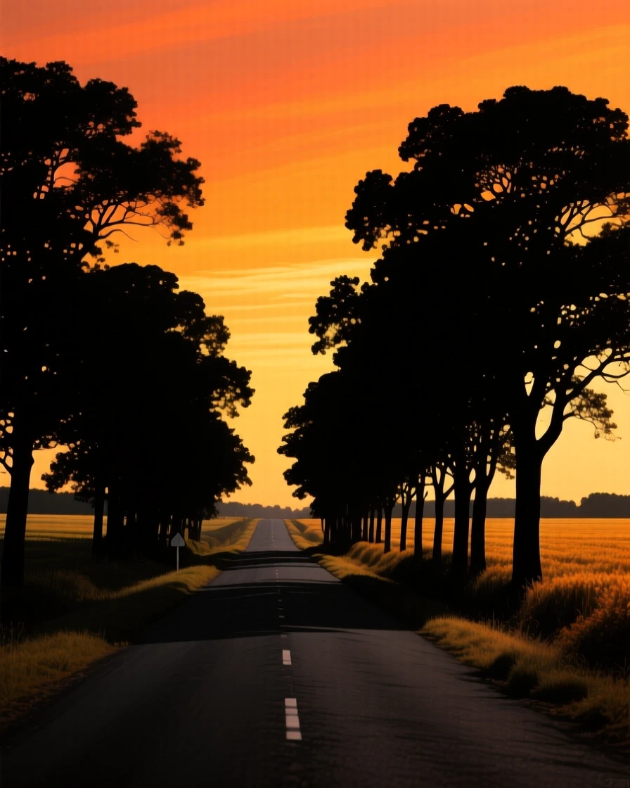 A field of orange and gold trees lining a quiet country road in autumn.