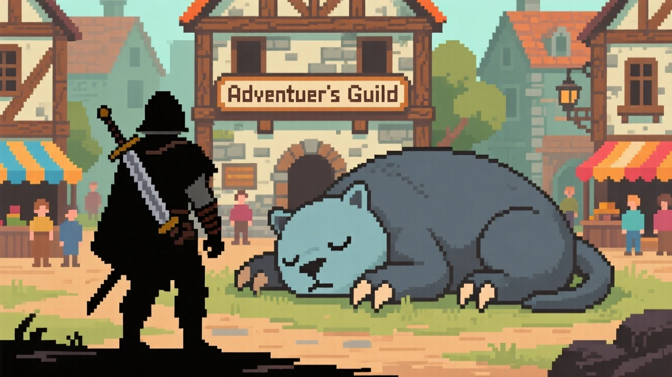 A lone adventurer facing off against a giant slumbering beast, in a bustling adventurer's guild town.