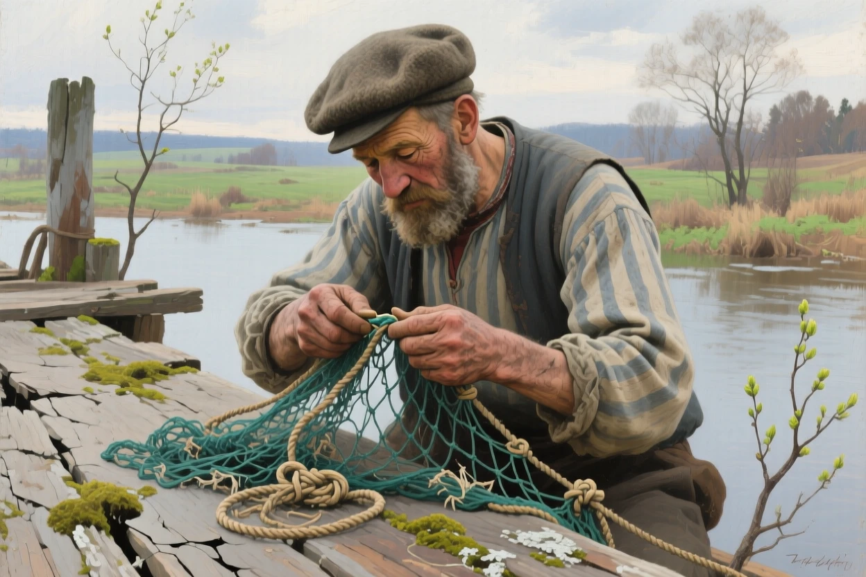 An intimate close-up of an old sailor mending a fishing net on a weathered dock, in the Russian countryside, in early spring.