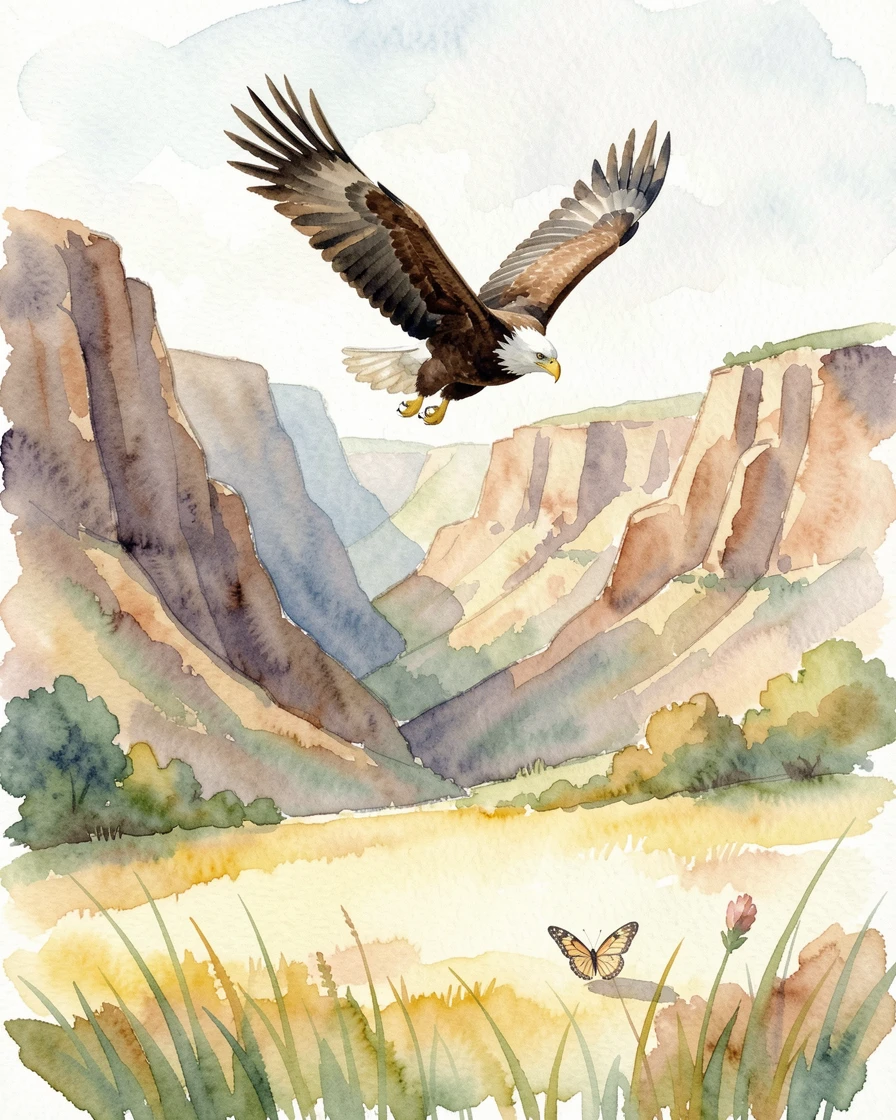 An eagle soaring above a canyon in a sunlit meadow with a butterfly resting nearby.