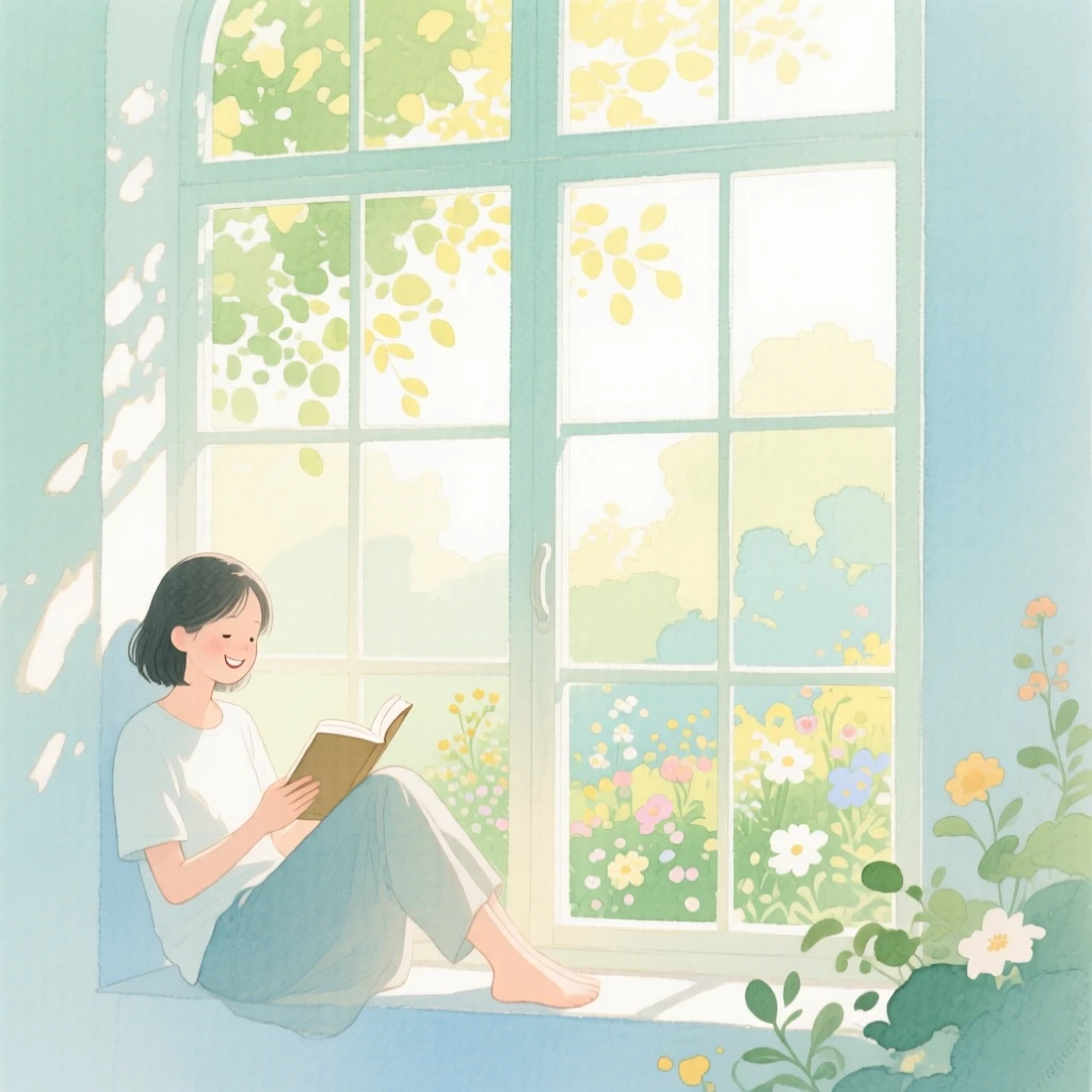 A peaceful scene of someone reading by a window in a sunlit garden, fully absorbed in a quiet, joyful moment