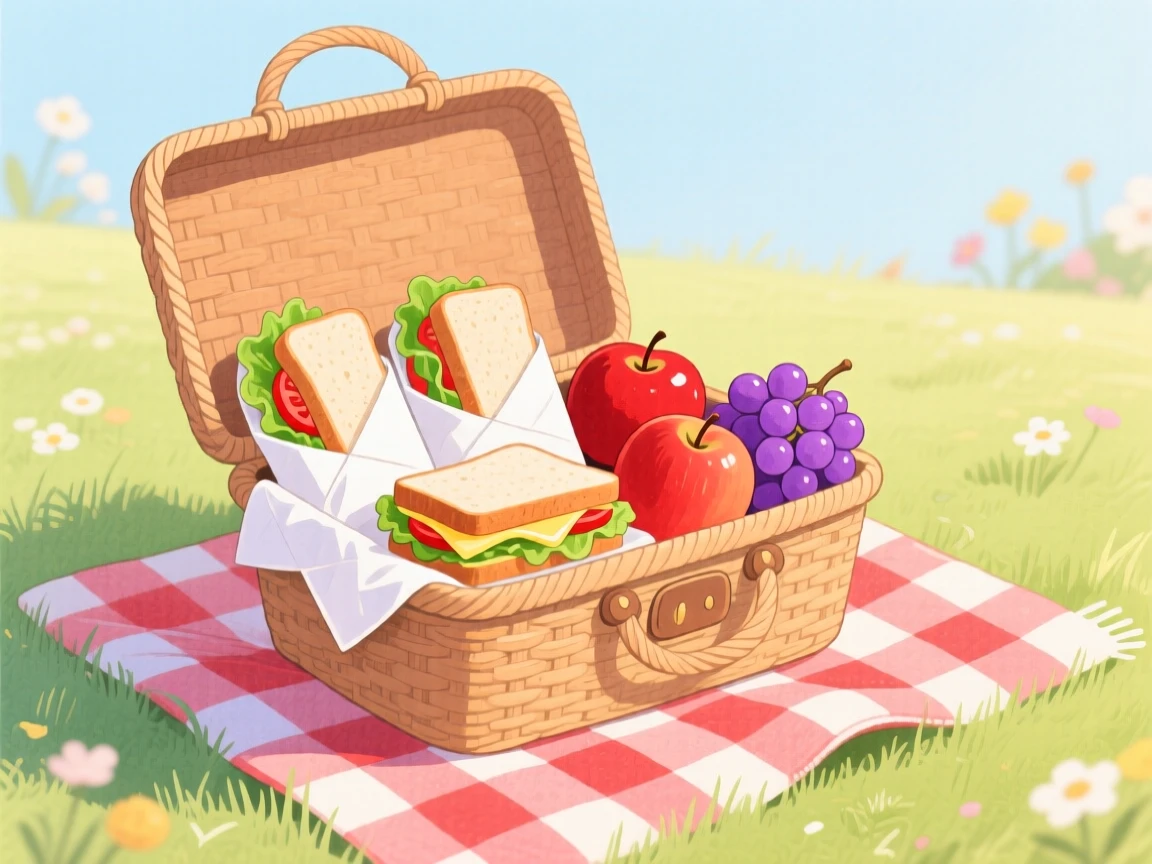 A cozy scene featuring a picnic basket packed with sandwiches and fresh fruit.